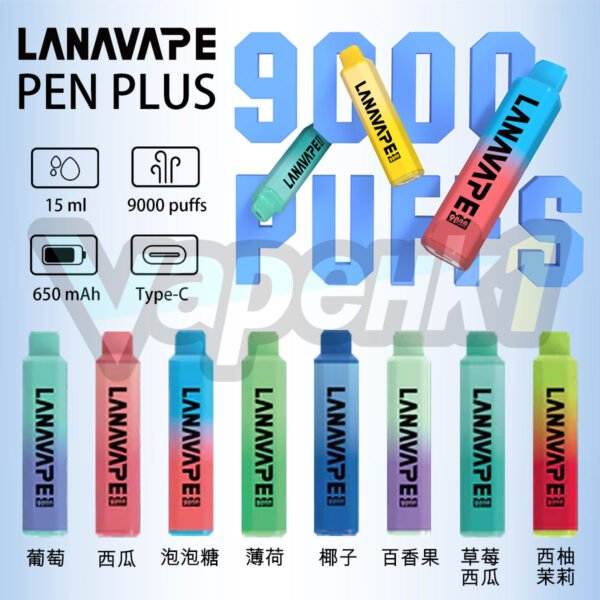 LANA PEN PLUS 9000口拋棄式電子煙｜3%尼古丁鹽黃金配比 15ml巨量儲油 Mesh網芯 Type-C充電 台灣現貨